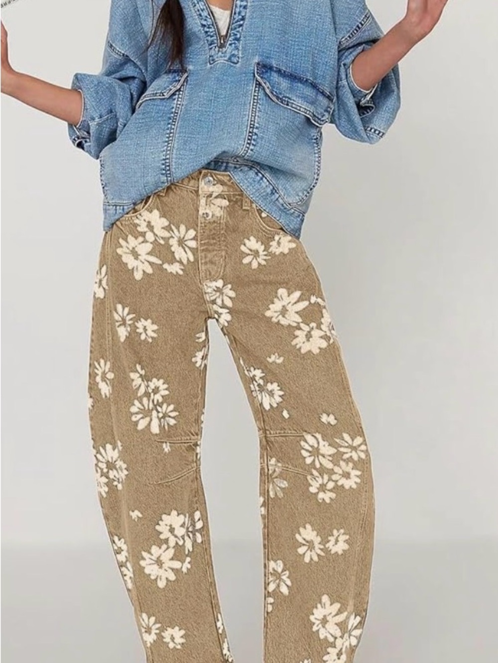 Women Barrel Jeans Baggy Wide Leg Jeans Floral Printed Boyfriend Denim Pants